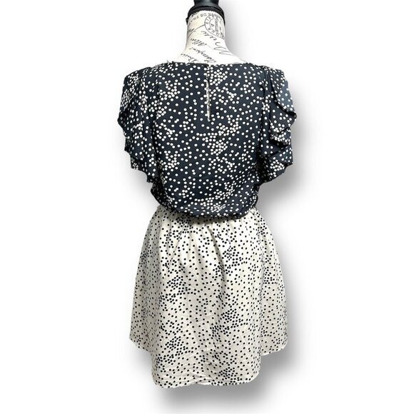 Armani Exchange S Black Beige Dress Ruffle Sleeves Polka Dot Elastic Waist Party - Picture 4 of 9